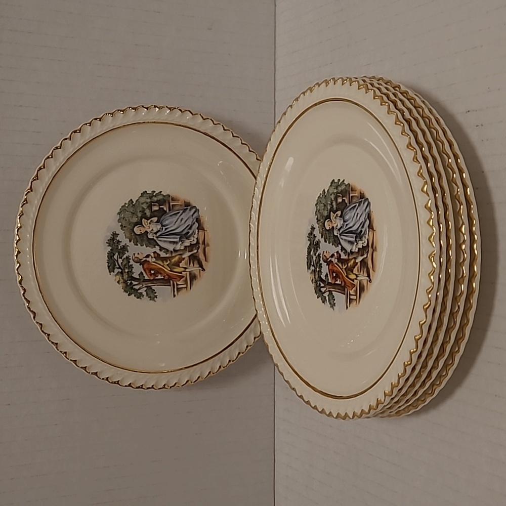 6 Vintage Harker Pottery 6 1/4 in. Courting Couple Plates with 22K Gold Trim